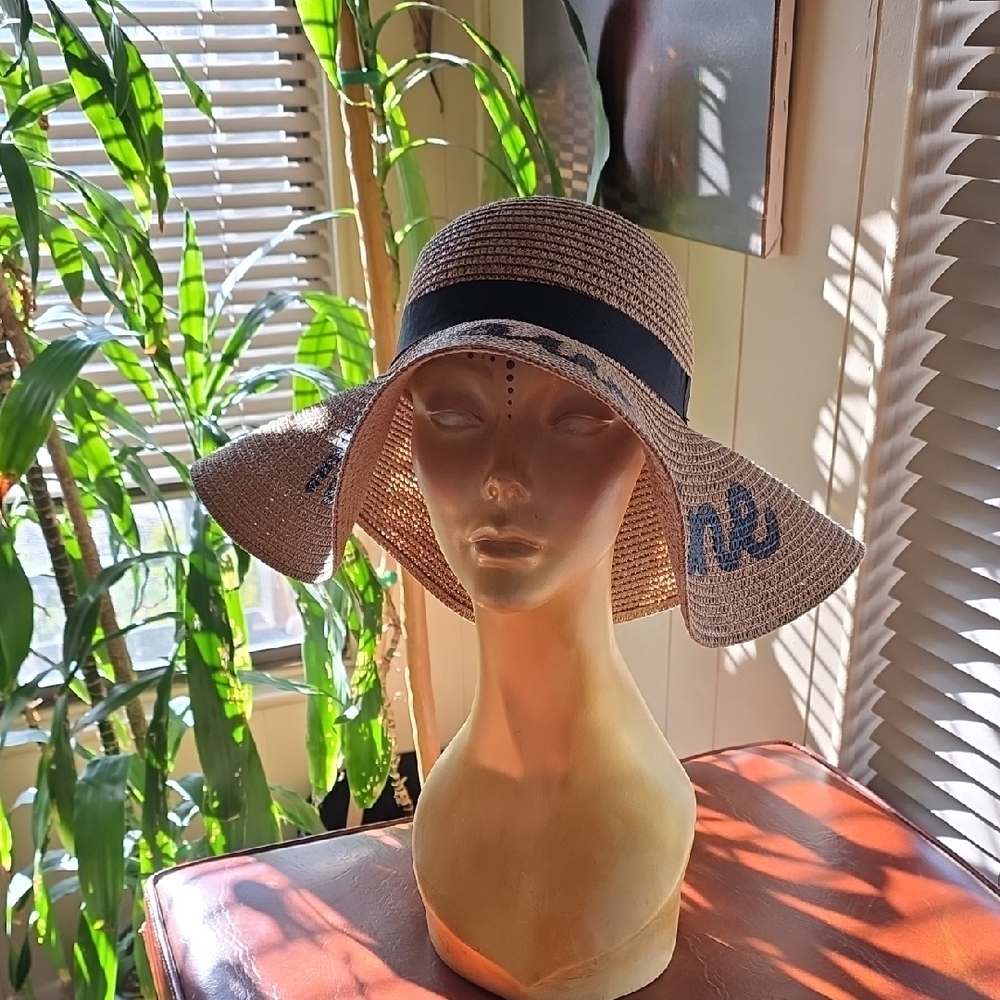 Hello Sunshine Straw Floppy Sun Hat with Black Band - Natural